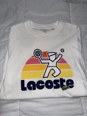 Lacoste White Tee with Sunset Tennis Graphic SIZE MEDIUM!🔥🔥